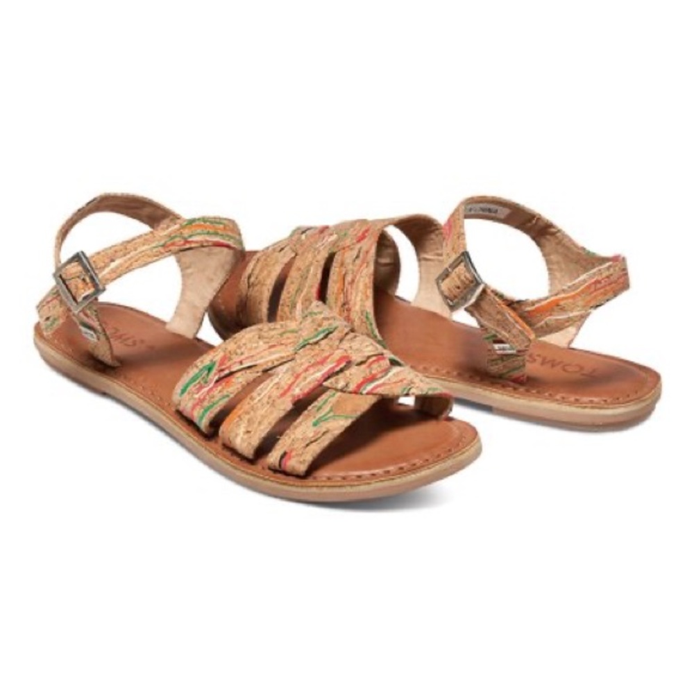 Toms Cork Strappy Sandals with Multicolor Stitching